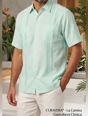 Cubavera Shirt Mens XL Green White Guayabera Embroidered Button Up Short Sleeven